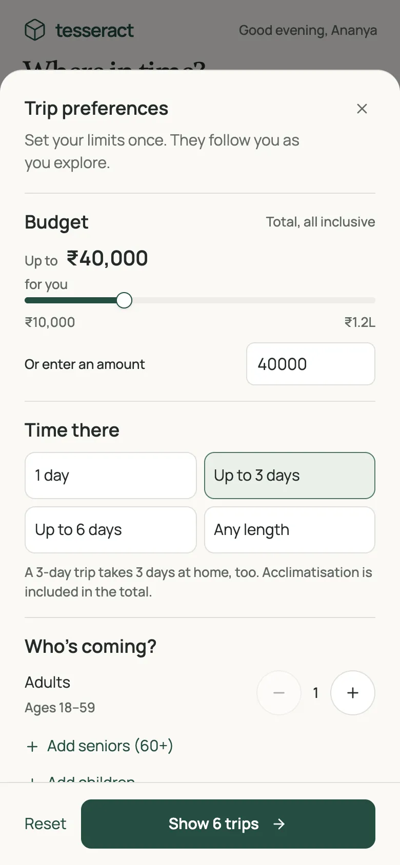 Trip preferences sheet with budget, length and group