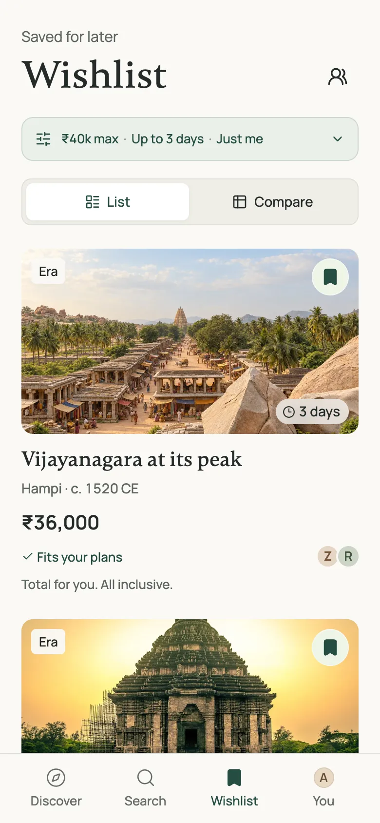 Wishlist with saved trips