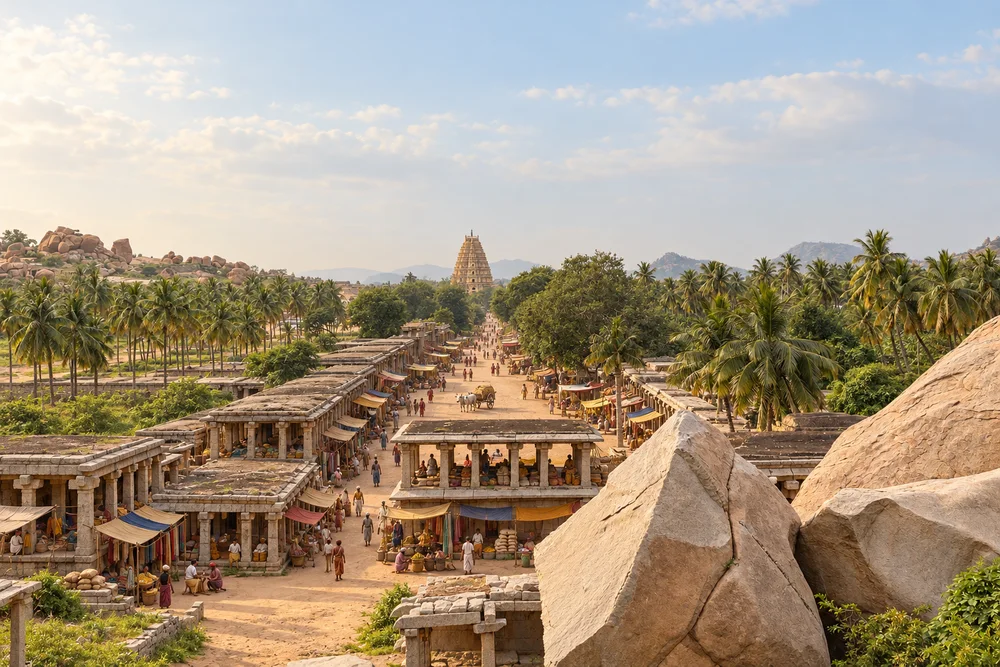 Imagined reconstruction of the Hampi bazaar, with Virupaksha temple in the distance